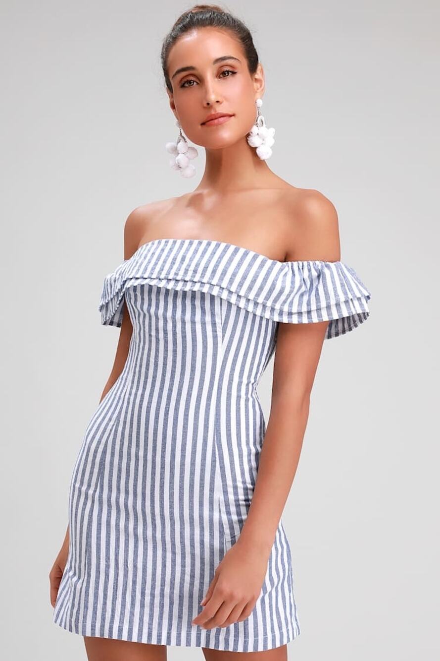 Lulus Seaside Skipper Blue Striped Off-the-Shoulder Mini Dress Size Small